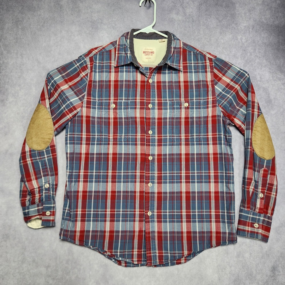 Mossimo Supply Co. Mens Plaid Shirt Medium‎ Button Front Elbow Patches Red Blue